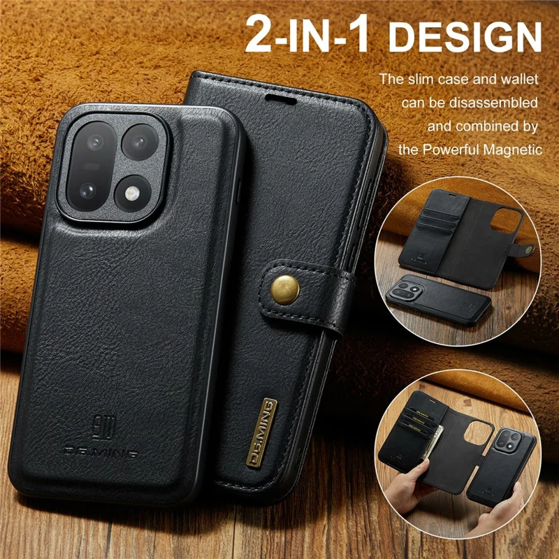 DG.MING for OnePlus 15 5G Case Detachable Wallet Stand Split Leather Phone Cover - Black