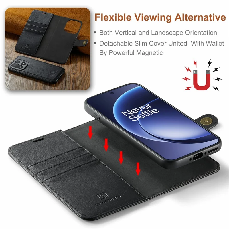 DG.MING for OnePlus 15 5G Case Detachable Wallet Stand Split Leather Phone Cover - Black