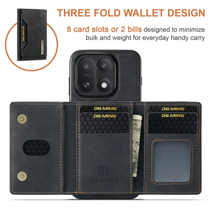 DG.MING M2 Series for OnePlus 15 5G PU Leather Tri-Fold Multiple Card Slots Holder Pocket Purse - Black