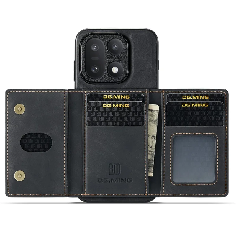 DG.MING M2 Series for OnePlus 15 5G PU Leather Tri-Fold Multiple Card Slots Holder Pocket Purse - Black