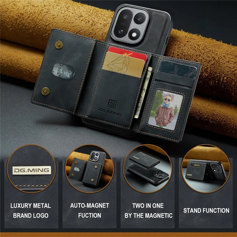 DG.MING M2 Series for OnePlus 15 5G PU Leather Tri-Fold Multiple Card Slots Holder Pocket Purse - Black