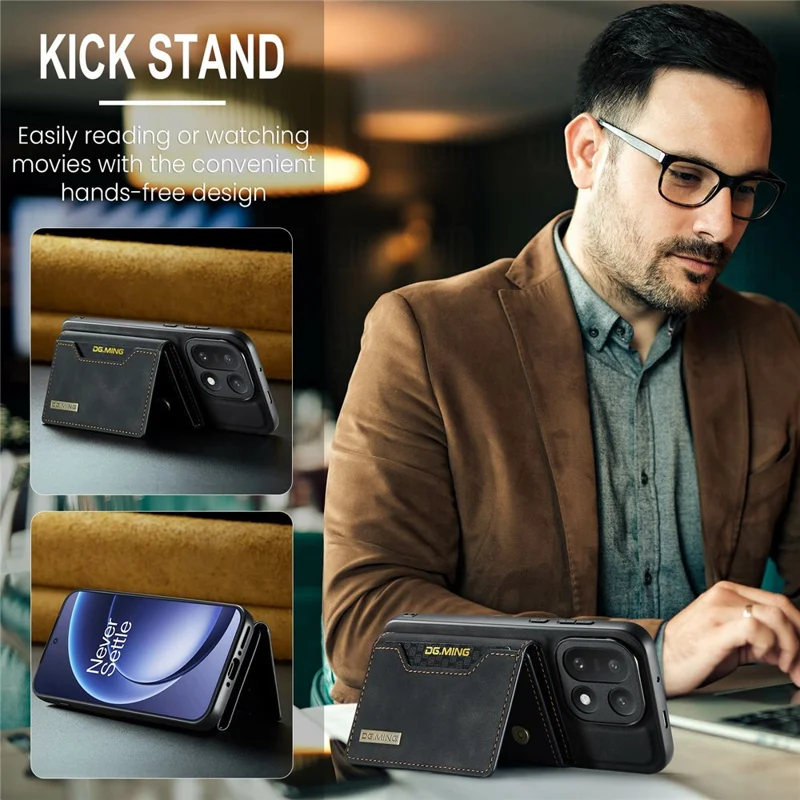 DG.MING M2 Series for OnePlus 15 5G PU Leather Tri-Fold Multiple Card Slots Holder Pocket Purse - Black