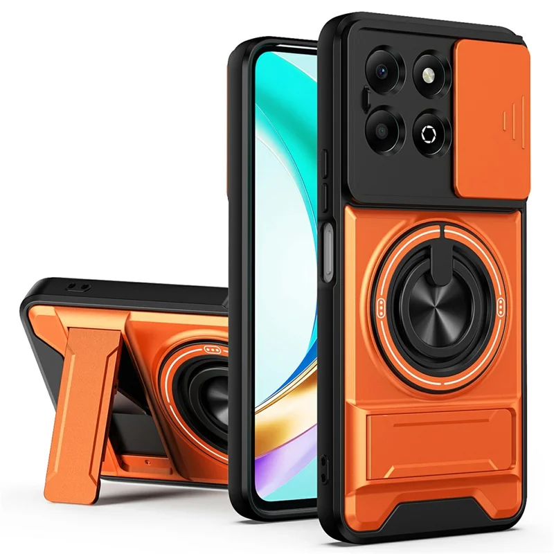 Obudowa magnetyczna z uchwytem pierścieniowym i składaną podstawką TPU/PC z przesuwanym pokryciem obiektywu aparatu dla Honor X6b 4G - Pomarańczowy
