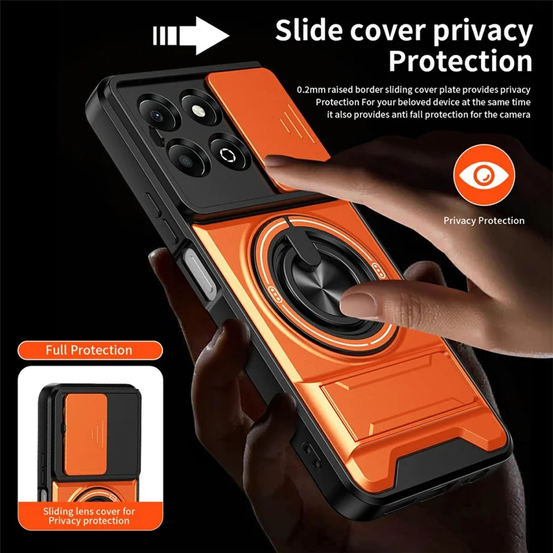 Obudowa magnetyczna z uchwytem pierścieniowym i składaną podstawką TPU/PC z przesuwanym pokryciem obiektywu aparatu dla Honor X6b 4G - Pomarańczowy