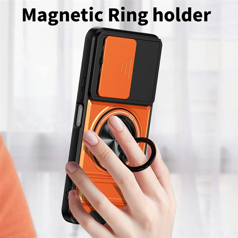 Obudowa magnetyczna z uchwytem pierścieniowym i składaną podstawką TPU/PC z przesuwanym pokryciem obiektywu aparatu dla Honor X6b 4G - Pomarańczowy