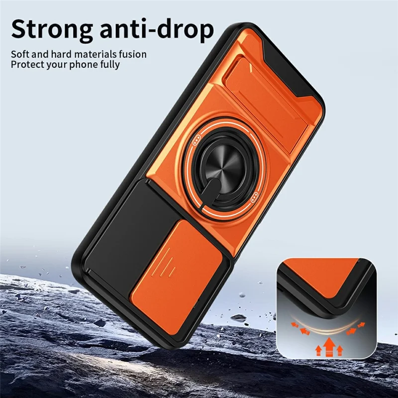 Obudowa magnetyczna z uchwytem pierścieniowym i składaną podstawką TPU/PC z przesuwanym pokryciem obiektywu aparatu dla Honor X6b 4G - Pomarańczowy