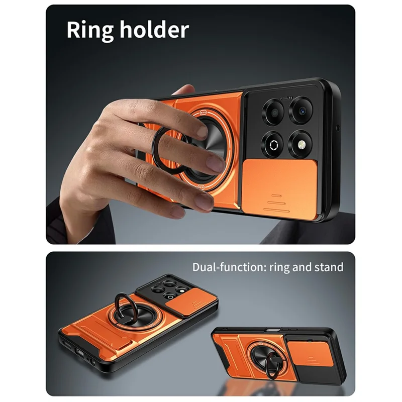 Obudowa magnetyczna z uchwytem pierścieniowym i składaną podstawką TPU/PC z przesuwanym pokryciem obiektywu aparatu dla Honor X6b 4G - Pomarańczowy