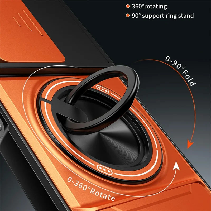 Obudowa magnetyczna z uchwytem pierścieniowym i składaną podstawką TPU/PC z przesuwanym pokryciem obiektywu aparatu dla Honor X6b 4G - Pomarańczowy