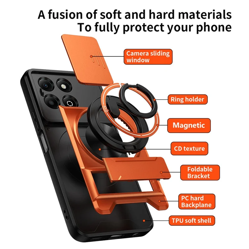 Obudowa magnetyczna z uchwytem pierścieniowym i składaną podstawką TPU/PC z przesuwanym pokryciem obiektywu aparatu dla Honor X6b 4G - Pomarańczowy