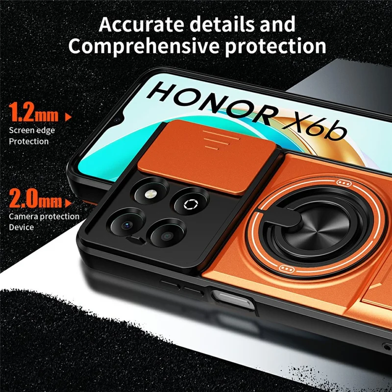 Obudowa magnetyczna z uchwytem pierścieniowym i składaną podstawką TPU/PC z przesuwanym pokryciem obiektywu aparatu dla Honor X6b 4G - Pomarańczowy