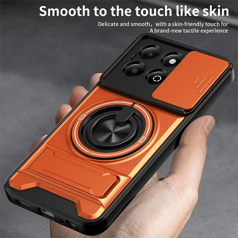 Obudowa magnetyczna z uchwytem pierścieniowym i składaną podstawką TPU/PC z przesuwanym pokryciem obiektywu aparatu dla Honor X6b 4G - Pomarańczowy