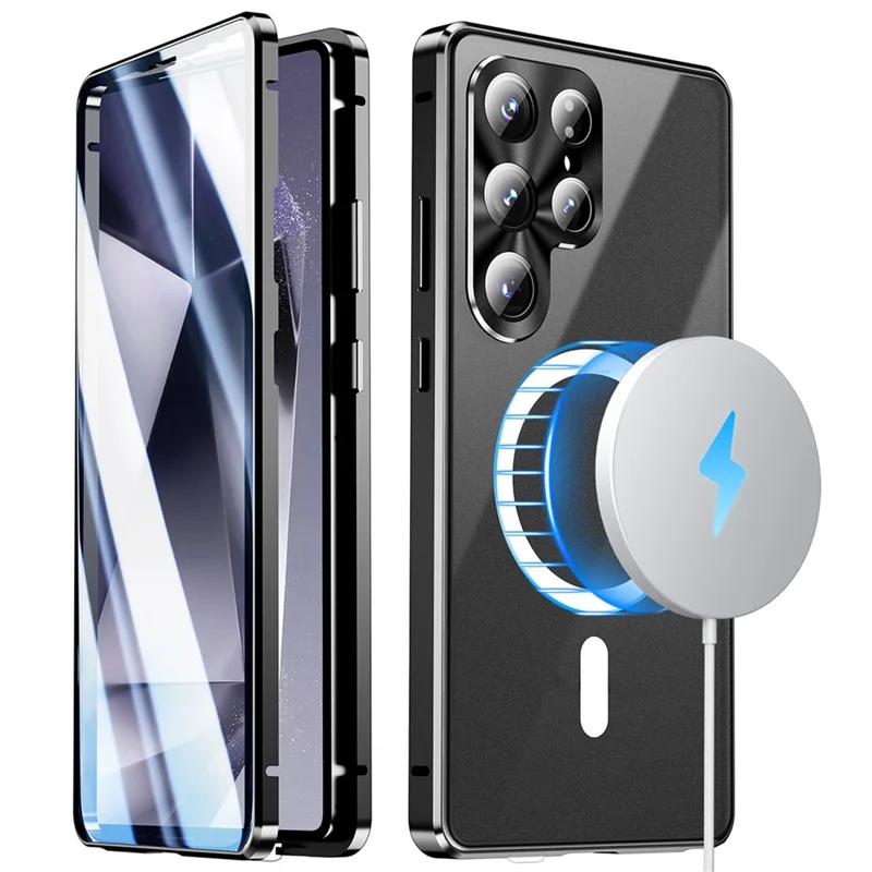 Magnetische Hülle für Samsung Galaxy S26 Ultra, Panzerglas + Matt-PC-Handyhülle mit Metallrahmen – Schwarz