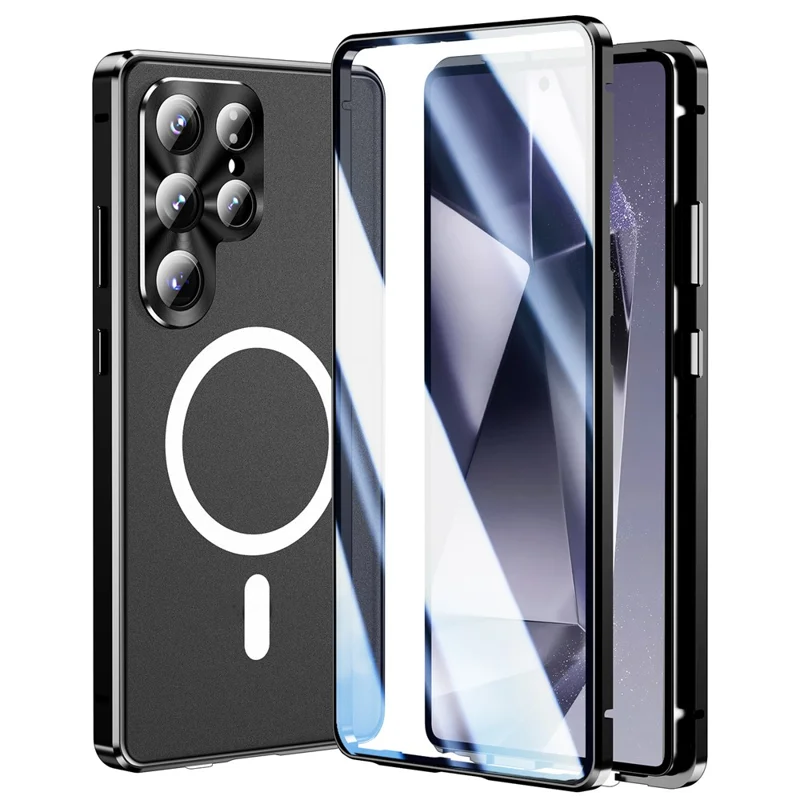 Magnetische Hülle für Samsung Galaxy S26 Ultra, Panzerglas + Matt-PC-Handyhülle mit Metallrahmen – Schwarz