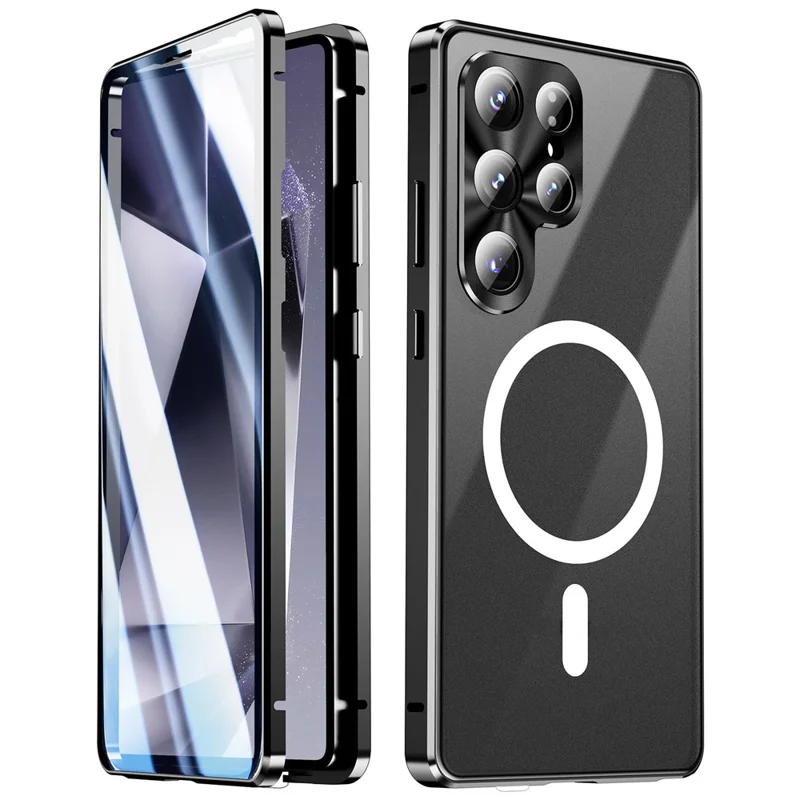 Magnetische Hülle für Samsung Galaxy S26 Ultra, Panzerglas + Matt-PC-Handyhülle mit Metallrahmen – Schwarz