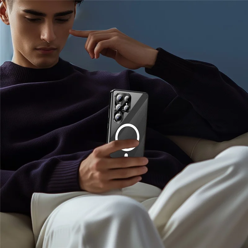 Magnetische Hülle für Samsung Galaxy S26 Ultra, Panzerglas + Matt-PC-Handyhülle mit Metallrahmen – Schwarz