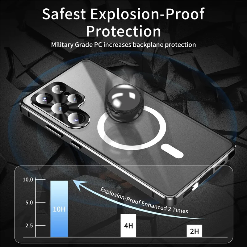 Magnetische Hülle für Samsung Galaxy S26 Ultra, Panzerglas + Matt-PC-Handyhülle mit Metallrahmen – Schwarz