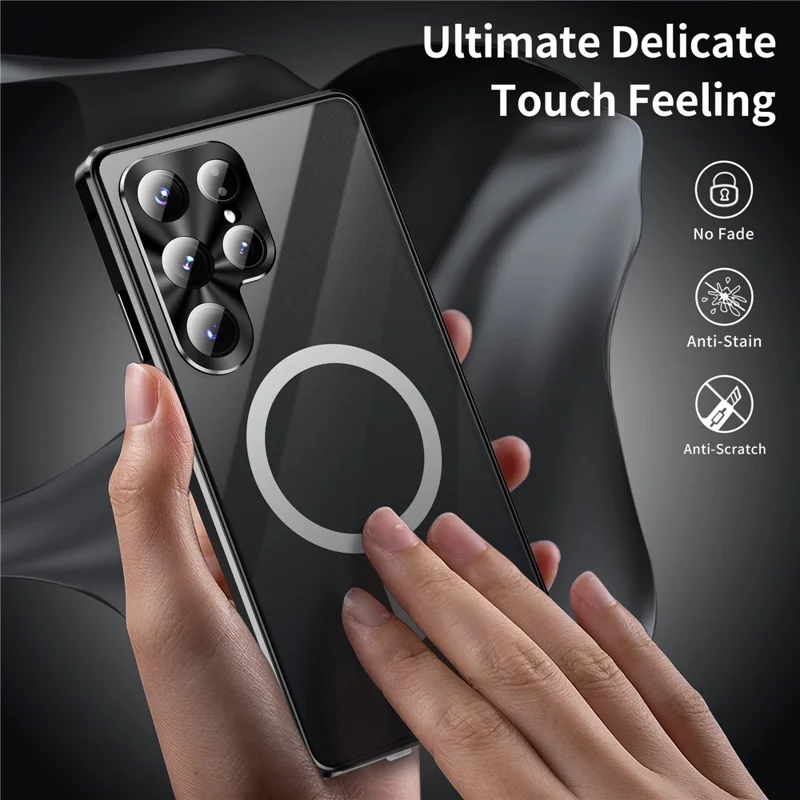 Magnetische Hülle für Samsung Galaxy S26 Ultra, Panzerglas + Matt-PC-Handyhülle mit Metallrahmen – Schwarz