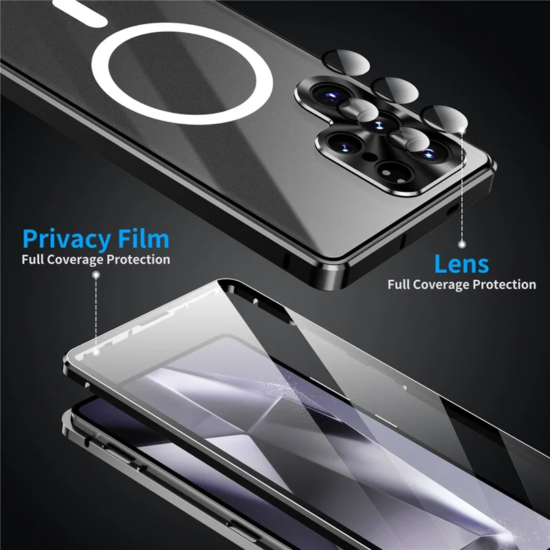 Magnetische Hülle für Samsung Galaxy S26 Ultra, Panzerglas + Matt-PC-Handyhülle mit Metallrahmen – Schwarz