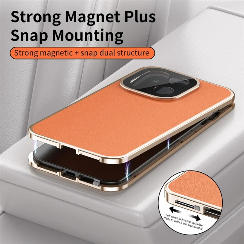 For OnePlus 15 5G Case Magnetic Frame Front Tempered Glass Leather PC Back Phone Cover - Orange