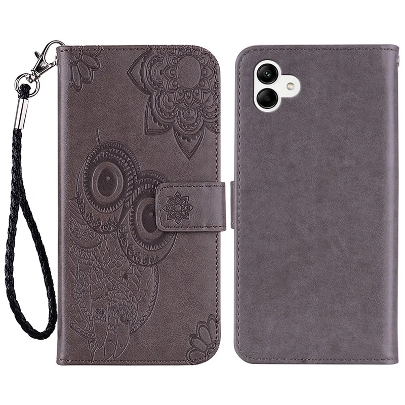 PU Leather Cell Phone Cover For Samsung Galaxy A04 4G (164.4 x 76.3 x 9.1 mm), Imprinted Owl Flower Pattern Wallet Stand Smartphone Case - Grey