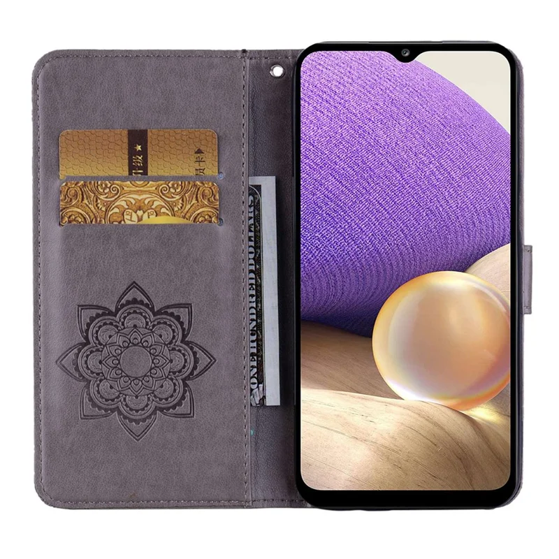 PU Leather Cell Phone Cover For Samsung Galaxy A04 4G (164.4 x 76.3 x 9.1 mm), Imprinted Owl Flower Pattern Wallet Stand Smartphone Case - Grey