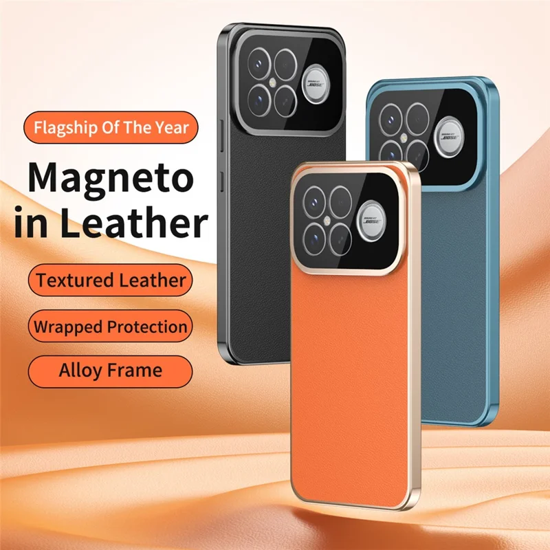 Cover per Xiaomi Poco F8 Ultra / Redmi K90 Pro Max 5G con Telaio Magnetico, Vetro Temperato Frontale, Schiena in Pelle Vegana e PC - Arancione