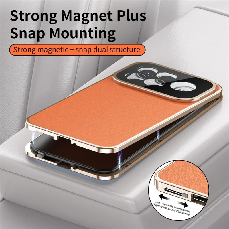 Cover per Xiaomi Poco F8 Ultra / Redmi K90 Pro Max 5G con Telaio Magnetico, Vetro Temperato Frontale, Schiena in Pelle Vegana e PC - Arancione