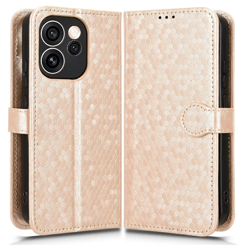 For Oppo Reno15 F 5G Wallet Case Dot Pattern Imprint PU Leather Phone Cover with Wrist Strap - Rose Gold