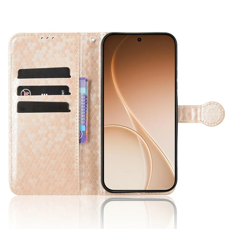 For Oppo Reno15 F 5G Wallet Case Dot Pattern Imprint PU Leather Phone Cover with Wrist Strap - Rose Gold