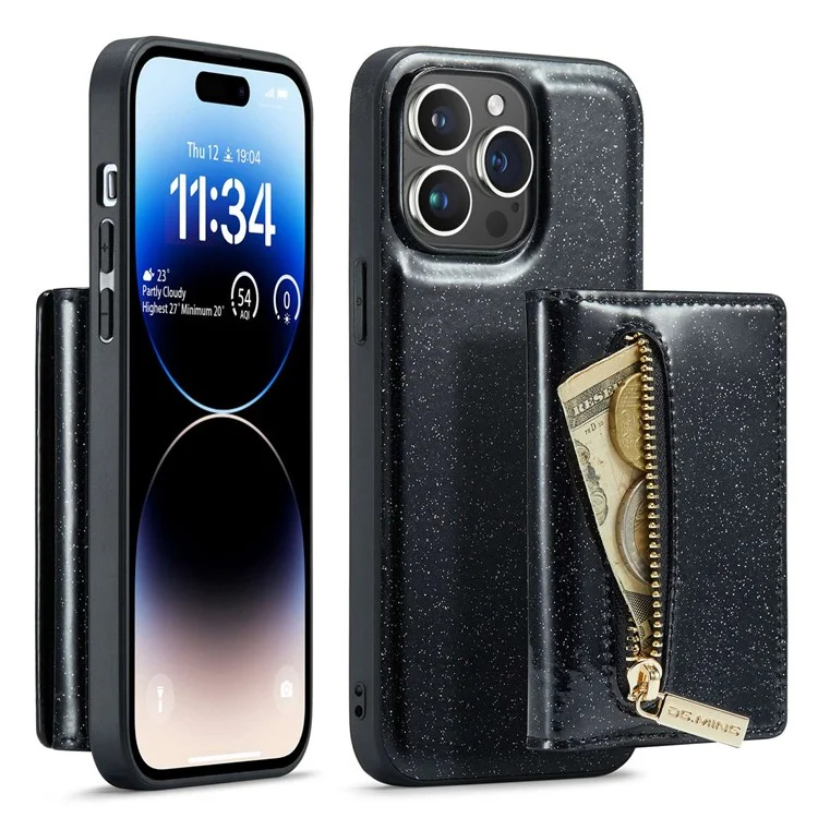 DG.MING M3 Series per iPhone 14 Pro 2-in-1 Glittery PU Leather Coated PC+TPU Protective Phone Case Kickstand Magnetic Detachable Zipper Wallet Phone Cover - Nero