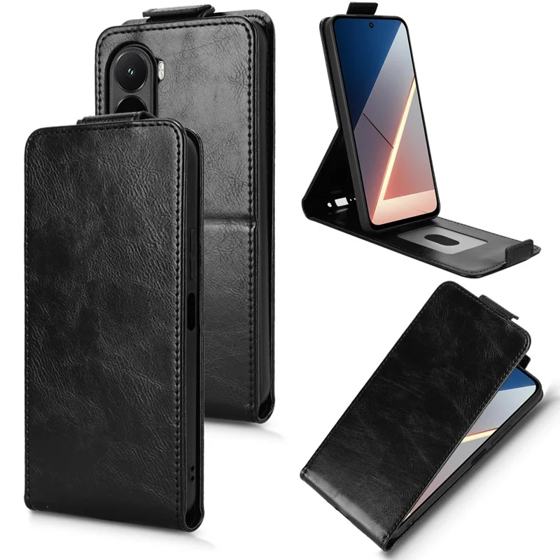 Capa de Pé com Fecho Magnético Vertical em Pele para Telemóvel Xiaomi Poco M7 4G (EU) (171 mm) com Suporte e Porta-cartões - Preto