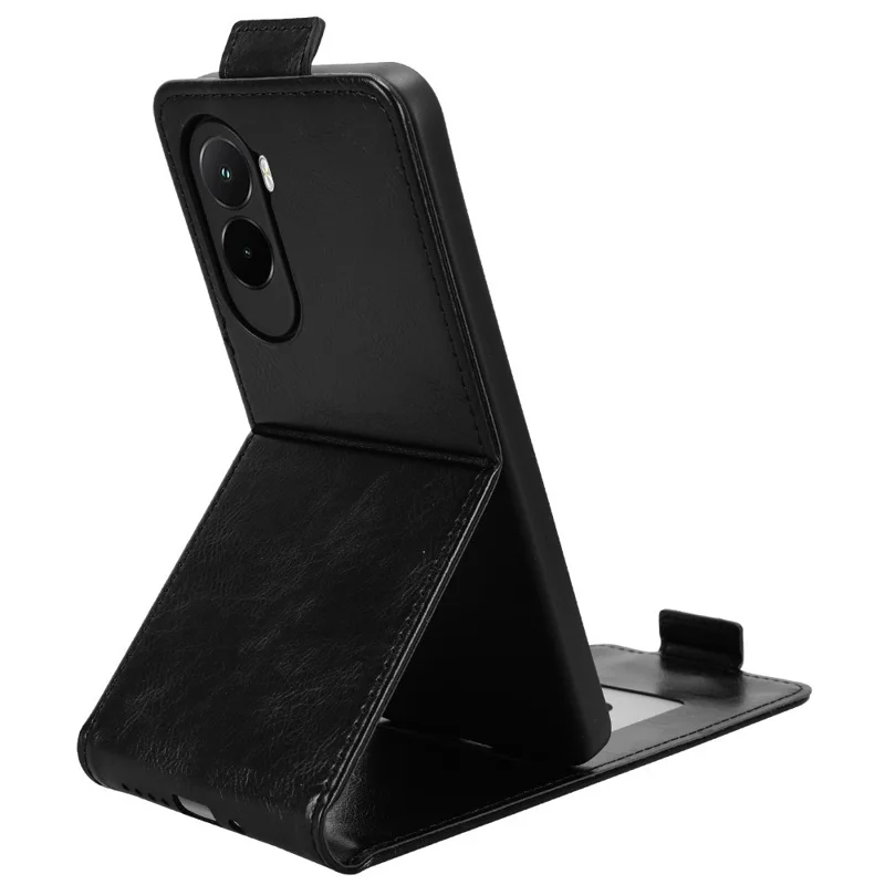 Capa de Pé com Fecho Magnético Vertical em Pele para Telemóvel Xiaomi Poco M7 4G (EU) (171 mm) com Suporte e Porta-cartões - Preto