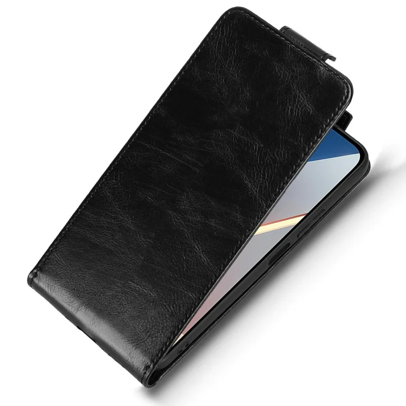 Capa de Pé com Fecho Magnético Vertical em Pele para Telemóvel Xiaomi Poco M7 4G (EU) (171 mm) com Suporte e Porta-cartões - Preto