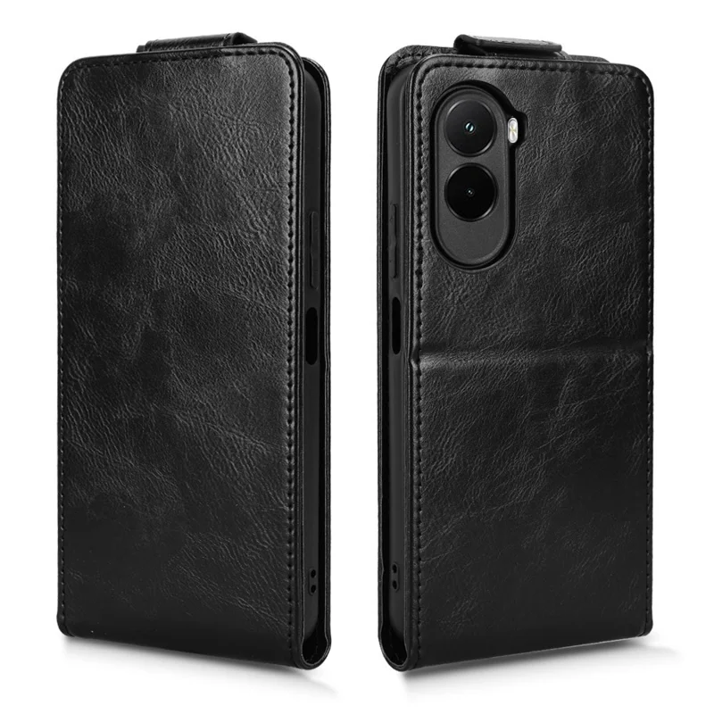 Capa de Pé com Fecho Magnético Vertical em Pele para Telemóvel Xiaomi Poco M7 4G (EU) (171 mm) com Suporte e Porta-cartões - Preto