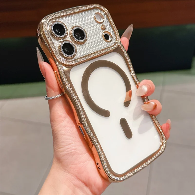 For iPhone 17 Pro Max Magnetic Case Electroplated Wave Frame Rhinestone Decor TPU Phone Cover with Glitter Lens Film - Gold