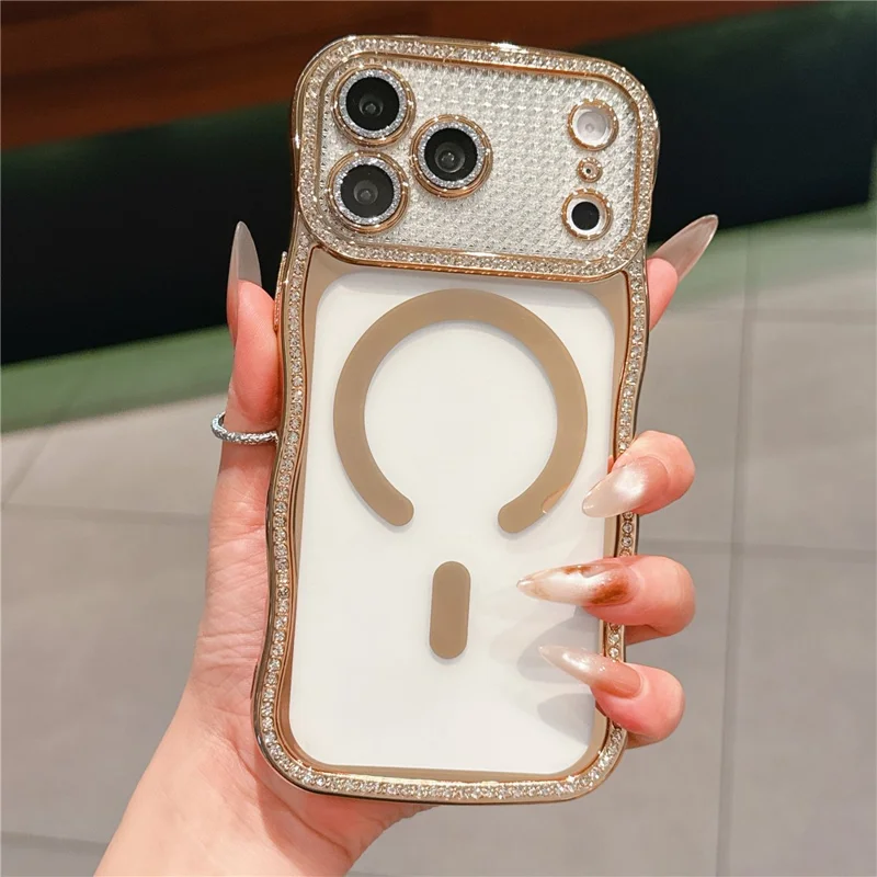 For iPhone 17 Pro Max Magnetic Case Electroplated Wave Frame Rhinestone Decor TPU Phone Cover with Glitter Lens Film - Gold