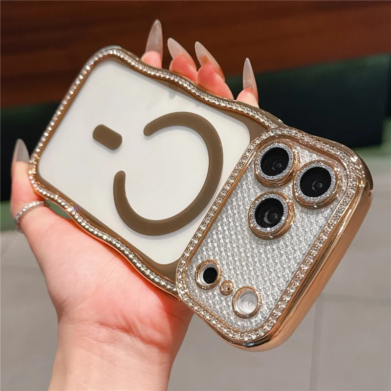 For iPhone 17 Pro Max Magnetic Case Electroplated Wave Frame Rhinestone Decor TPU Phone Cover with Glitter Lens Film - Gold