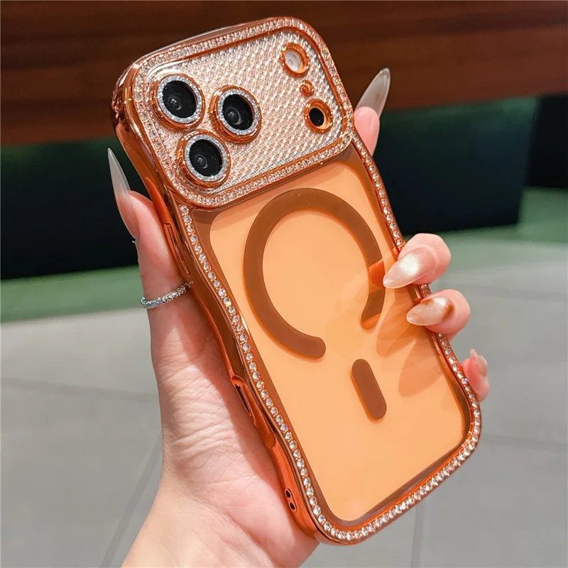 For iPhone 17 Pro Max Magnetic Case Electroplated Wave Frame Rhinestone Decor TPU Phone Cover with Glitter Lens Film - Orange
