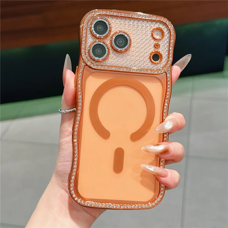 For iPhone 17 Pro Max Magnetic Case Electroplated Wave Frame Rhinestone Decor TPU Phone Cover with Glitter Lens Film - Orange
