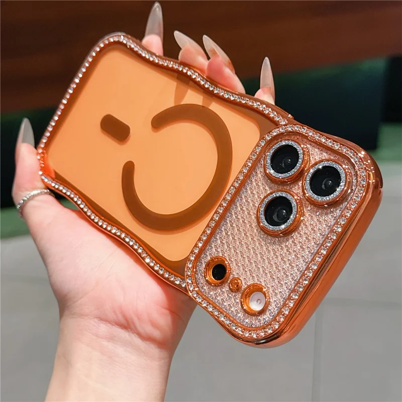 For iPhone 17 Pro Max Magnetic Case Electroplated Wave Frame Rhinestone Decor TPU Phone Cover with Glitter Lens Film - Orange