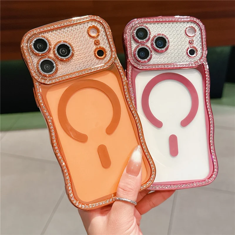 For iPhone 17 Pro Max Magnetic Case Electroplated Wave Frame Rhinestone Decor TPU Phone Cover with Glitter Lens Film - Orange
