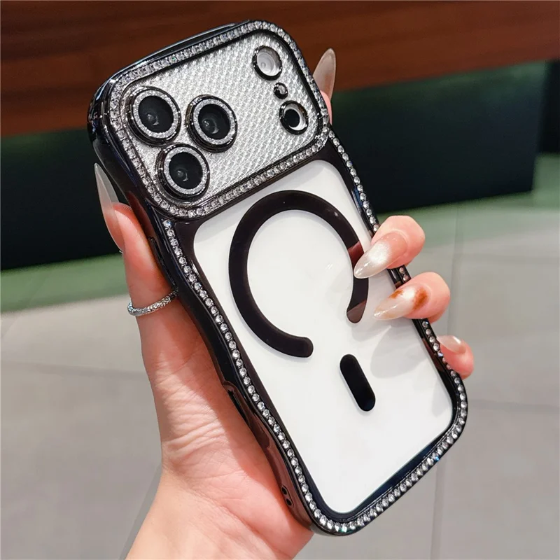 For iPhone 17 Pro Max Magnetic Case Electroplated Wave Frame Rhinestone Decor TPU Phone Cover with Glitter Lens Film - Black