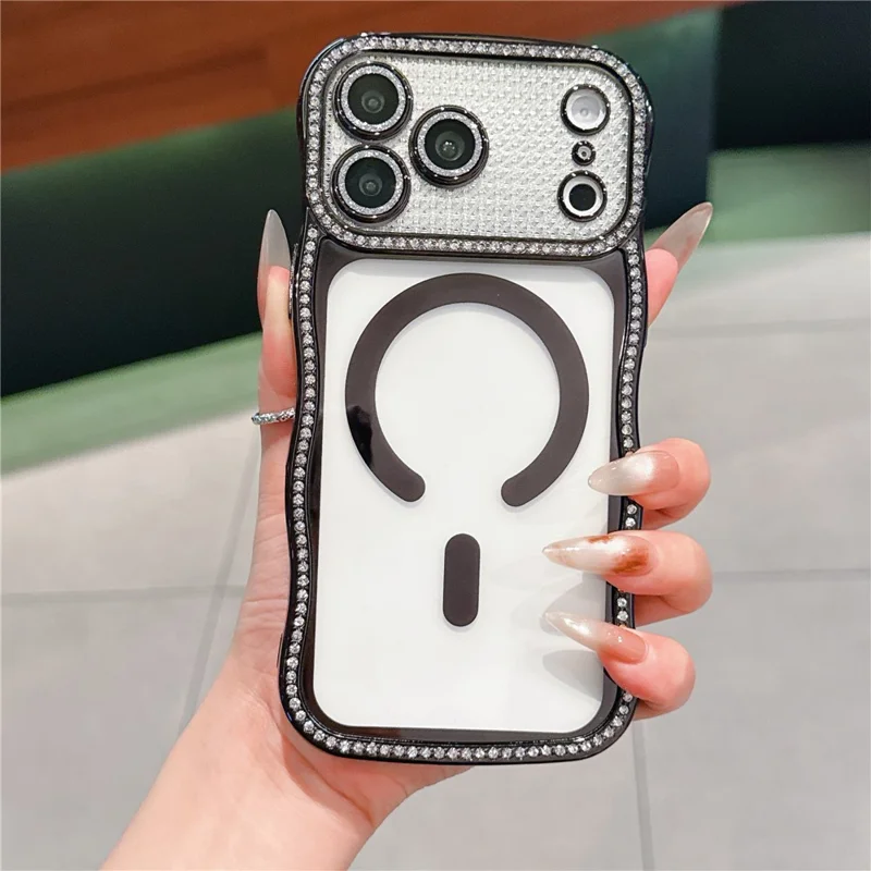 For iPhone 17 Pro Max Magnetic Case Electroplated Wave Frame Rhinestone Decor TPU Phone Cover with Glitter Lens Film - Black