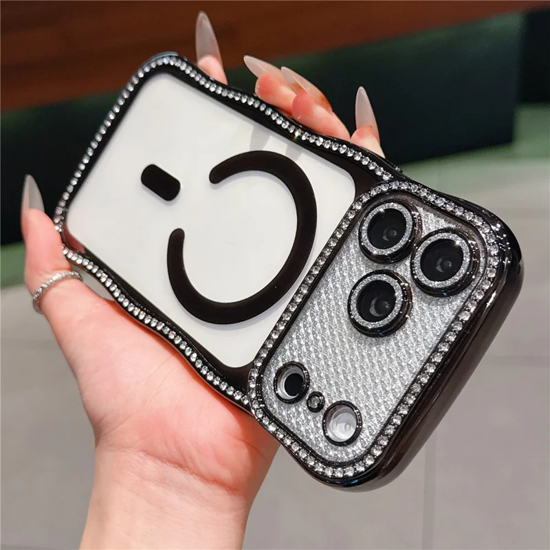 For iPhone 17 Pro Max Magnetic Case Electroplated Wave Frame Rhinestone Decor TPU Phone Cover with Glitter Lens Film - Black