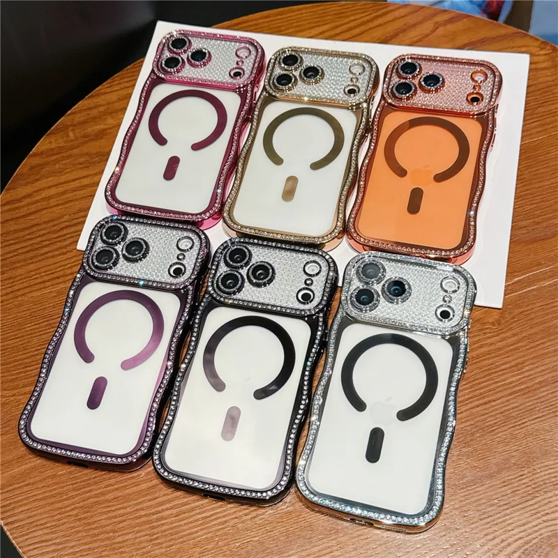 For iPhone 17 Pro Max Magnetic Case Electroplated Wave Frame Rhinestone Decor TPU Phone Cover with Glitter Lens Film - Black