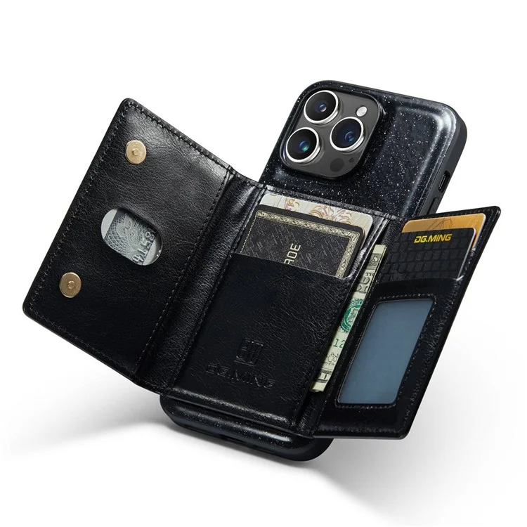 DG.MING M3 Series Glittery 2-in-1 Detachable Phone Case For iPhone 14 Pro Max, PU Leather Coated PC+TPU Zipper Wallet Magnetic Phone Cover Kickstand - Black