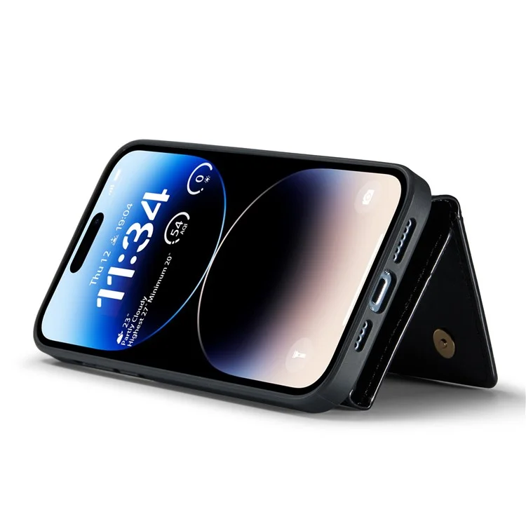 DG.MING M3 Series Glittery 2-in-1 Detachable Phone Case For iPhone 14 Pro Max, PU Leather Coated PC+TPU Zipper Wallet Magnetic Phone Cover Kickstand - Black