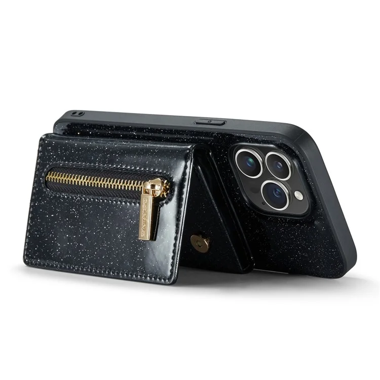 DG.MING M3 Series Glittery 2-in-1 Detachable Phone Case For iPhone 14 Pro Max, PU Leather Coated PC+TPU Zipper Wallet Magnetic Phone Cover Kickstand - Black