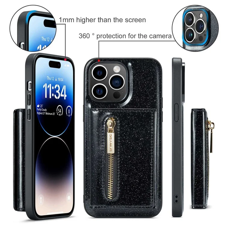 DG.MING M3 Series Glittery 2-in-1 Detachable Phone Case For iPhone 14 Pro Max, PU Leather Coated PC+TPU Zipper Wallet Magnetic Phone Cover Kickstand - Black