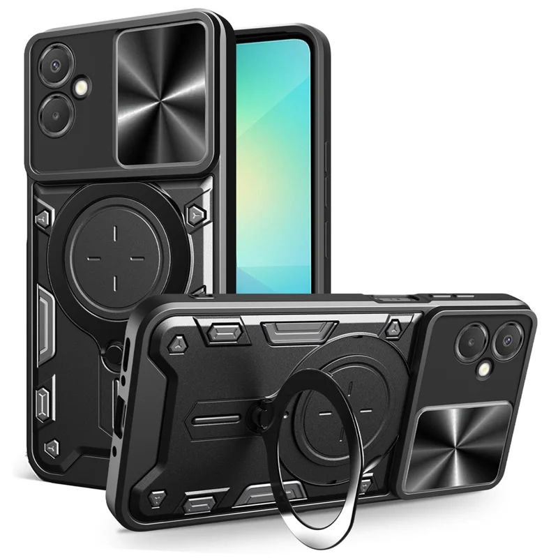 For Samsung Galaxy A06 5G Case TPU + PC Phone Cover with Kickstand , Slide Lens Window - Black